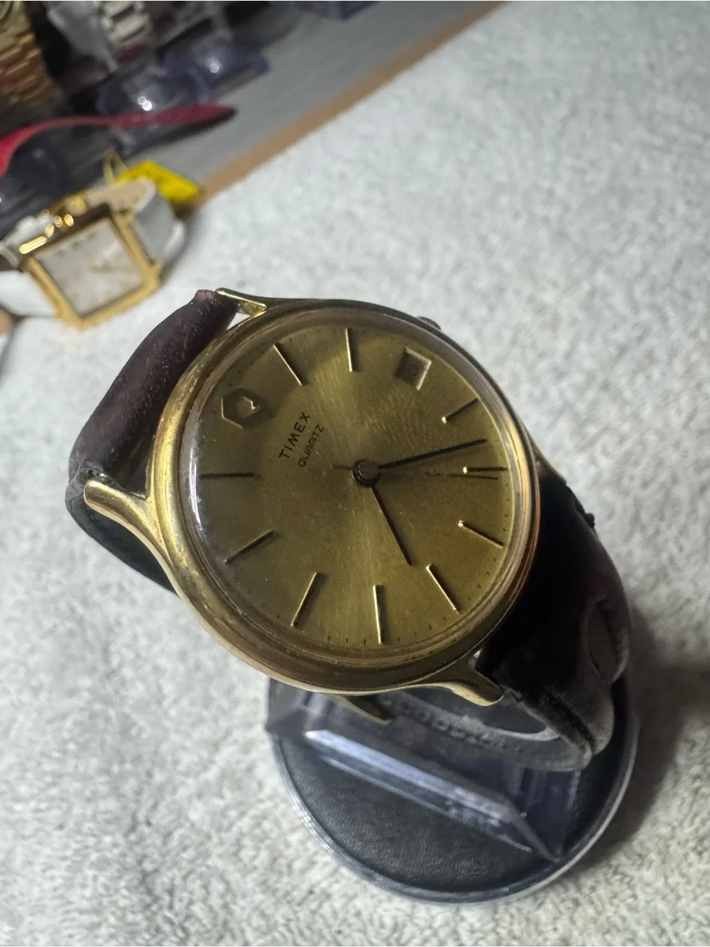Timex Gold Dial Watch with Brown Leather Strap